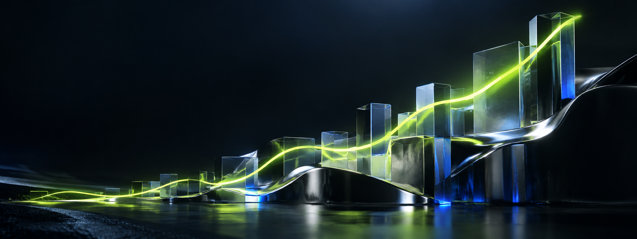 An abstract rising lime signal moving through translucent data blocks